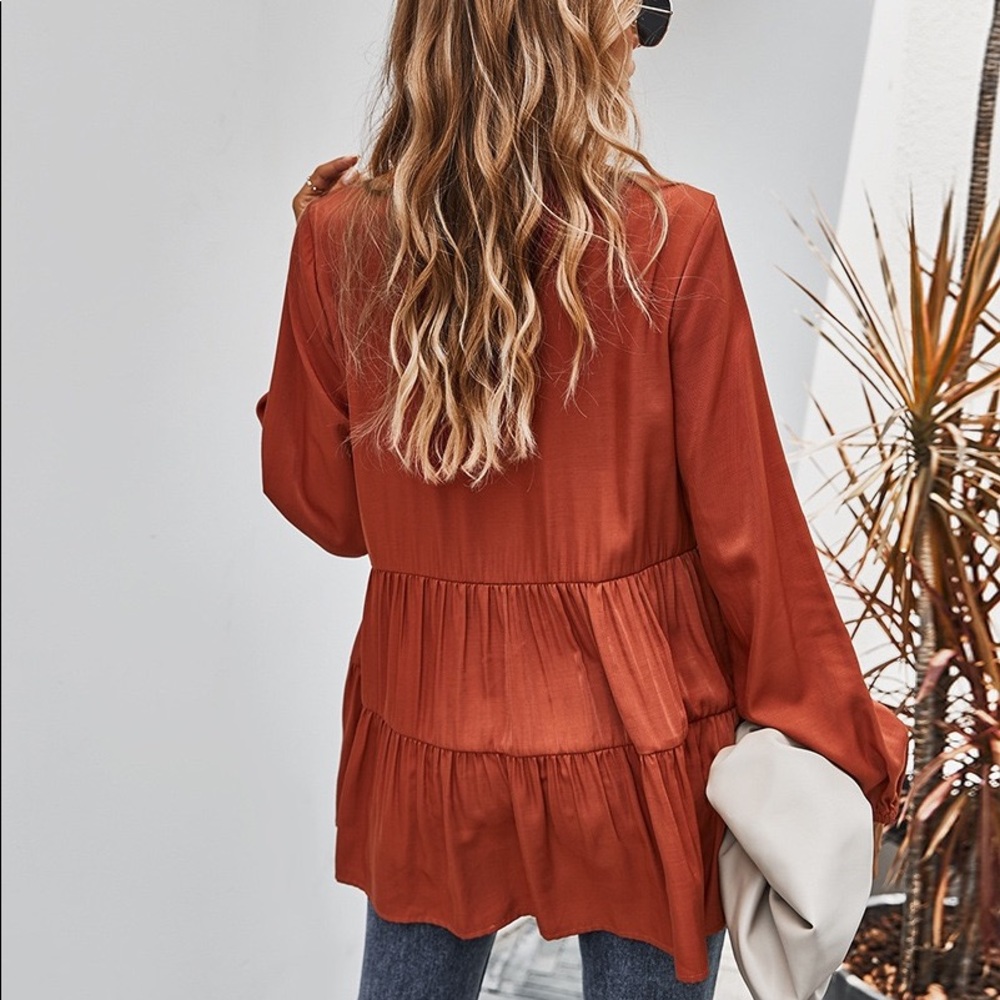 🍁🆕Button Down V Neck Long Sleeve Top Rust - Picture 6 of 7
